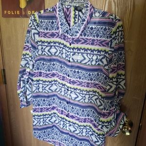 Rue 21 Sheer Patterned Button up High-Low Blouse
